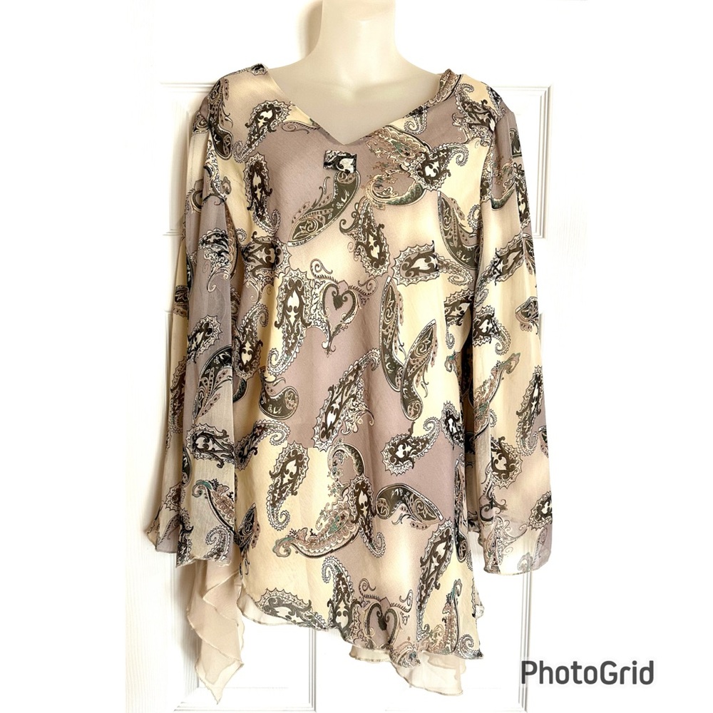 European Paisley Print Sheer Layered Blouse in Cream and Lilac